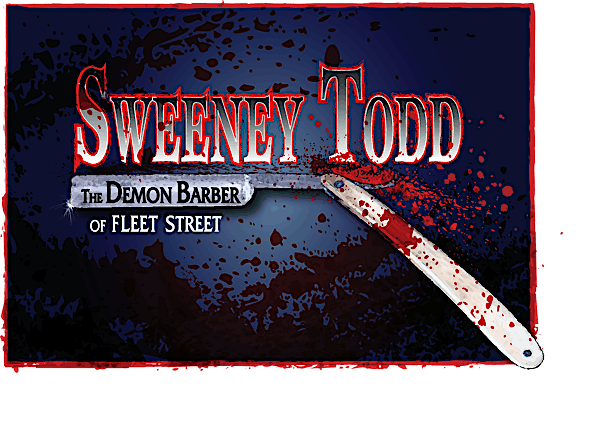 Vibrant "Sweeney Todd" logo in bold red connects Essex County’s creative scene; blood-stained razor and splattered backdrop evoke drama.