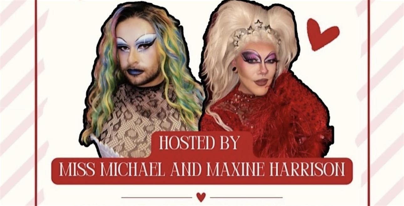 Two dazzling drag stars in vibrant makeup and bold wigs shine before playful red hearts, celebrating Essex County’s thriving LGBTQ+ community. Hosted by Miss Michael and Maxine Harrison.
