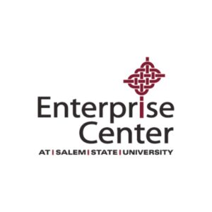 Vibrant logo for the Enterprise Center at Salem State University, uniting and empowering Essex County’s small business community with bold black text and a lively maroon knot symbolizing growth, plus maroon university text below.