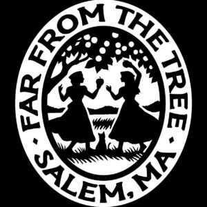 A lively black and white oval logo for Far From The Tree Salem, MA: two women share apples under a tree, a cat joining, with fields and water behind—celebrating Essex County’s creative spirit and vibrant community.
