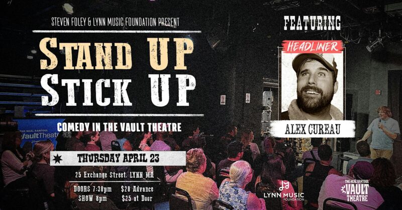Colorful comedy show poster for "Stand Up Stick Up" in Lynn, MA, uniting Essex County for a lively night with Alex Guraj.