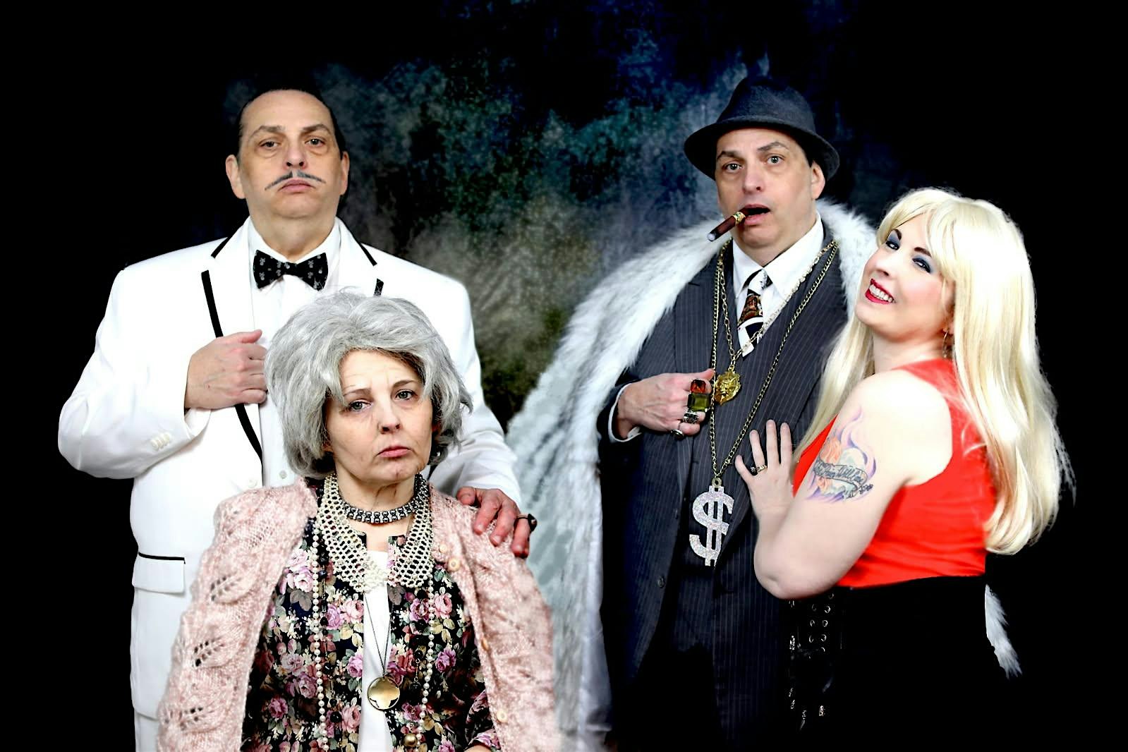 Four vibrant Essex County creatives unite: a man in white suits up, an elder leads front, a stylish gent with cigar beams, all beside our bold woman in red.