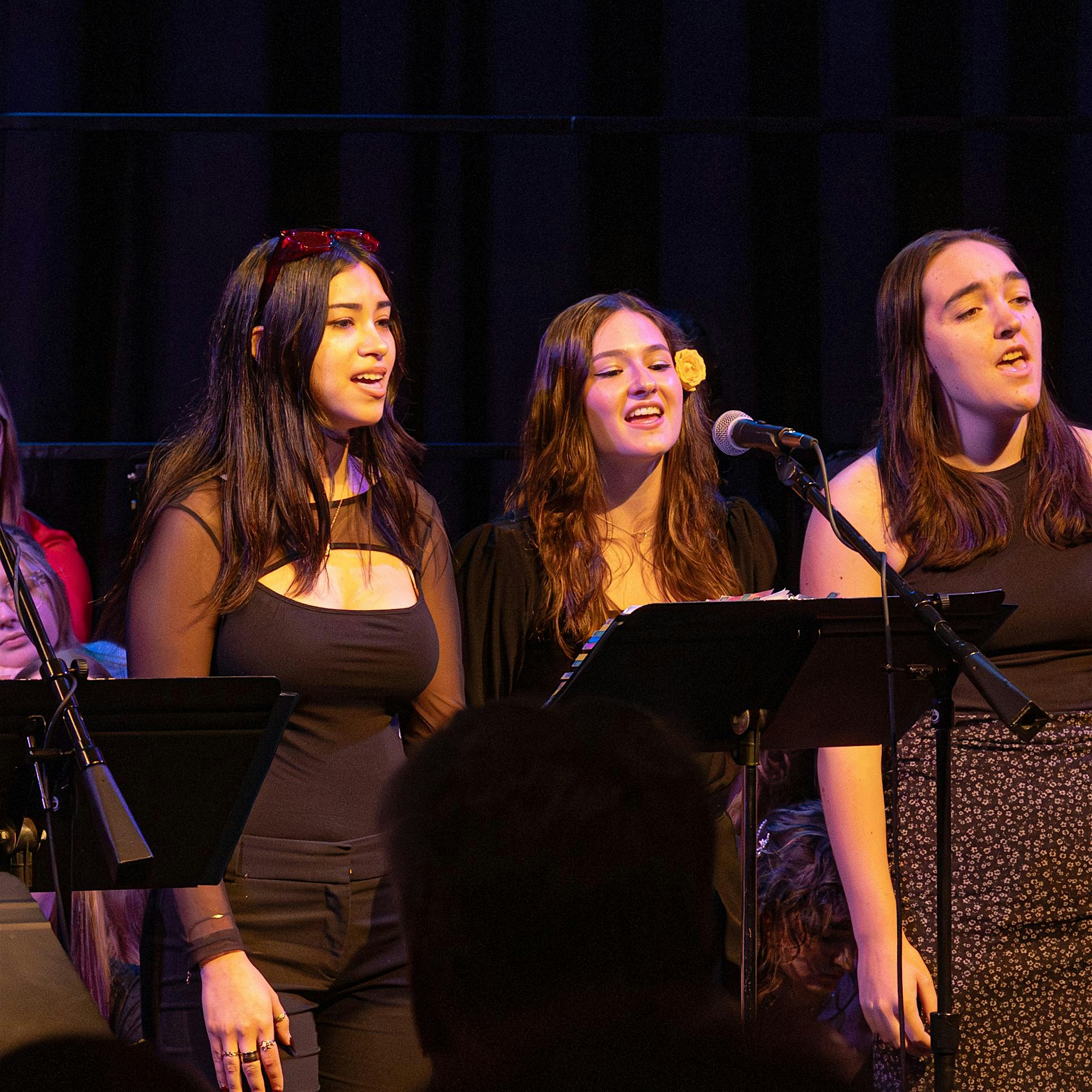 Three young women in black ignite the stage with soulful harmonies, their performance uniting Essex County’s creative community.
