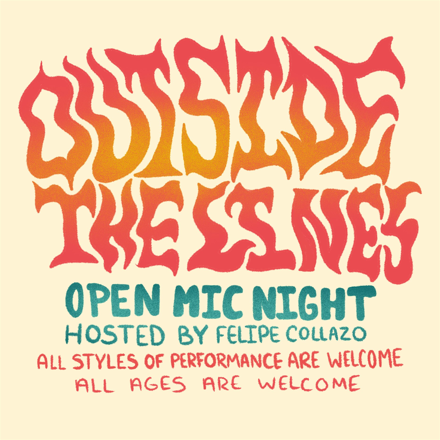 A lively poster announces "Outside the Lines Open Mic Night" in bold red and teal, celebrating all ages and creative voices in Essex County.