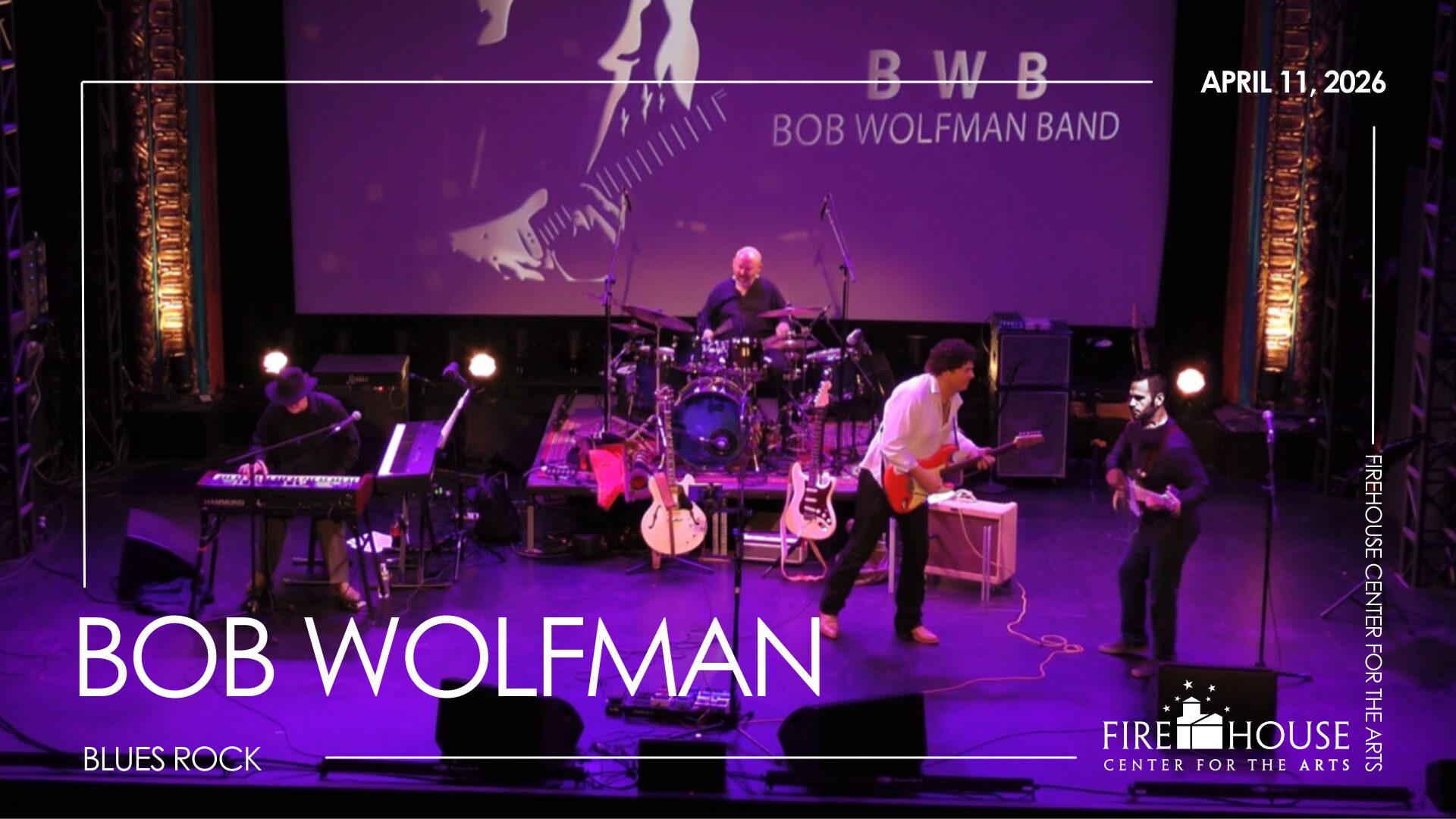 A dynamic four-member band energizes the stage with guitars, drums, and keys as "BWB BOB WOLFMAN BAND" unites Essex County music lovers.