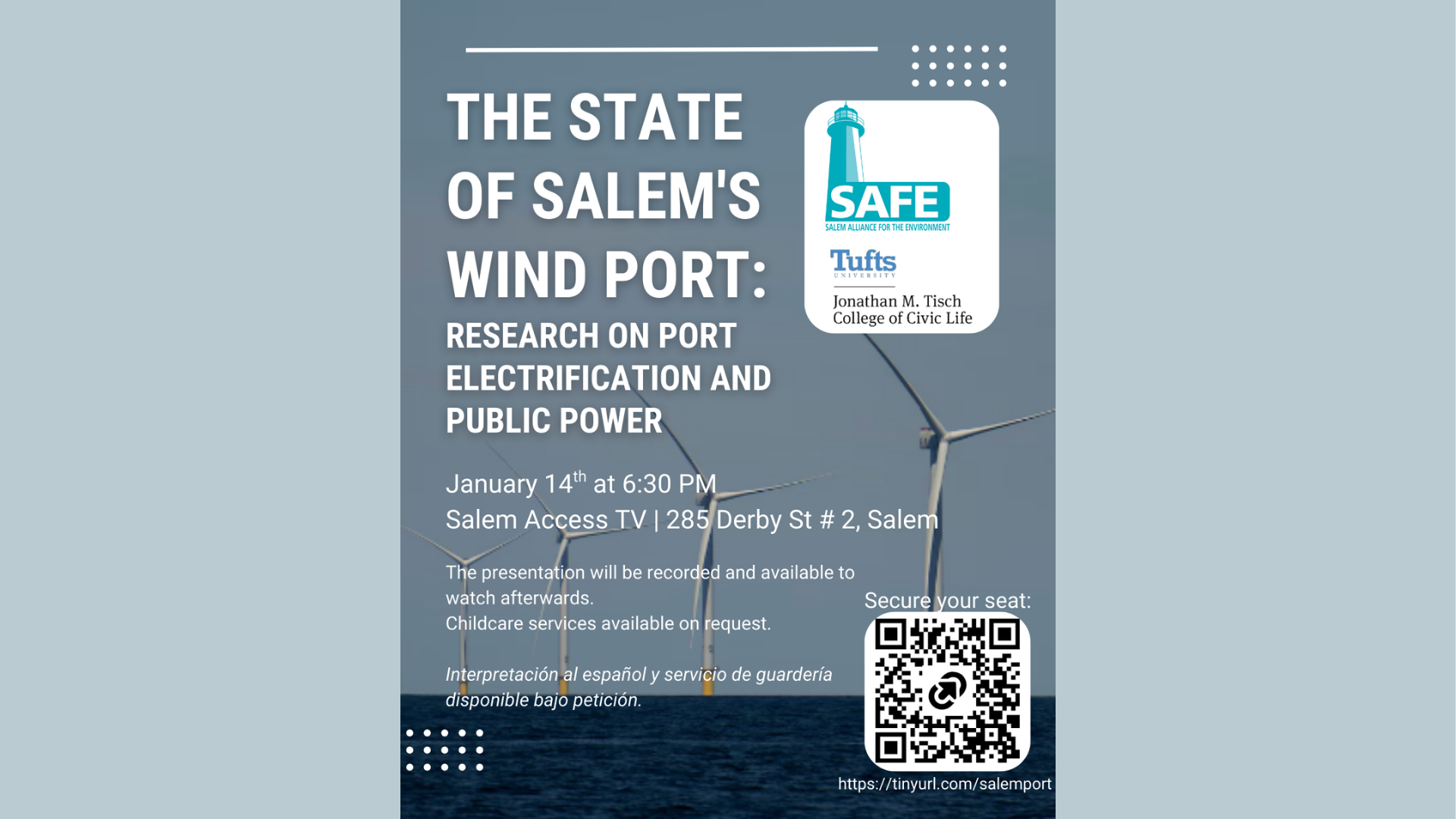 Vibrant flyer invites the Essex County community to energize Salem's Wind Port future—event info, QR code, local logos, wind turbines.