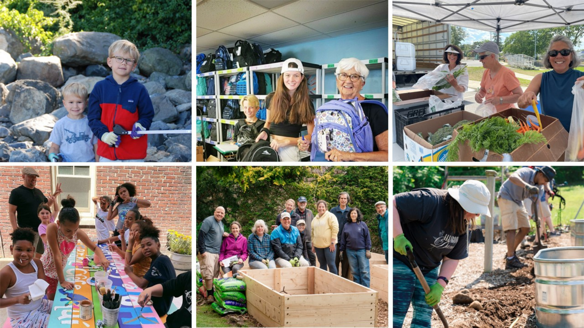 A vibrant collage of six photos shows our Essex County community joyfully cleaning, creating, gardening, and giving back together.