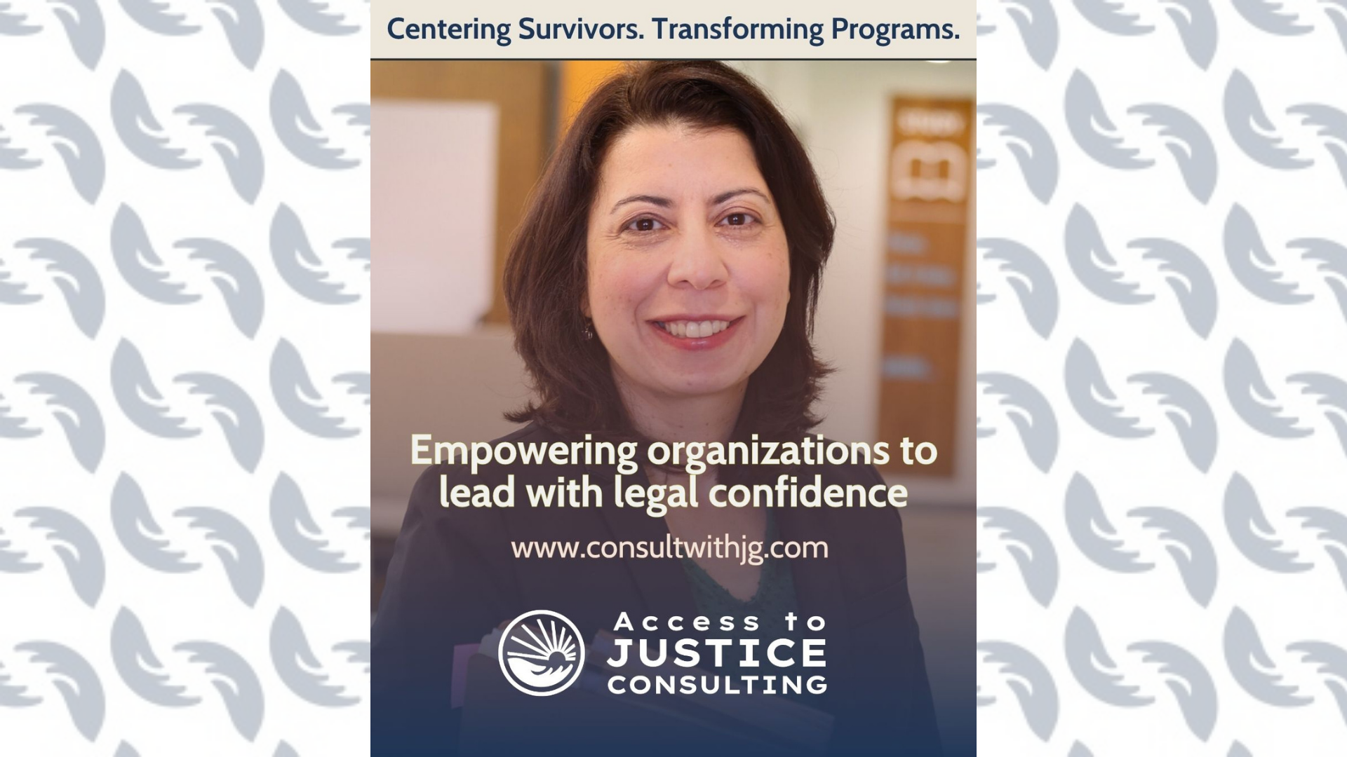 A vibrant woman beams at the camera amid lively designs, championing legal confidence and community impact in Essex County.