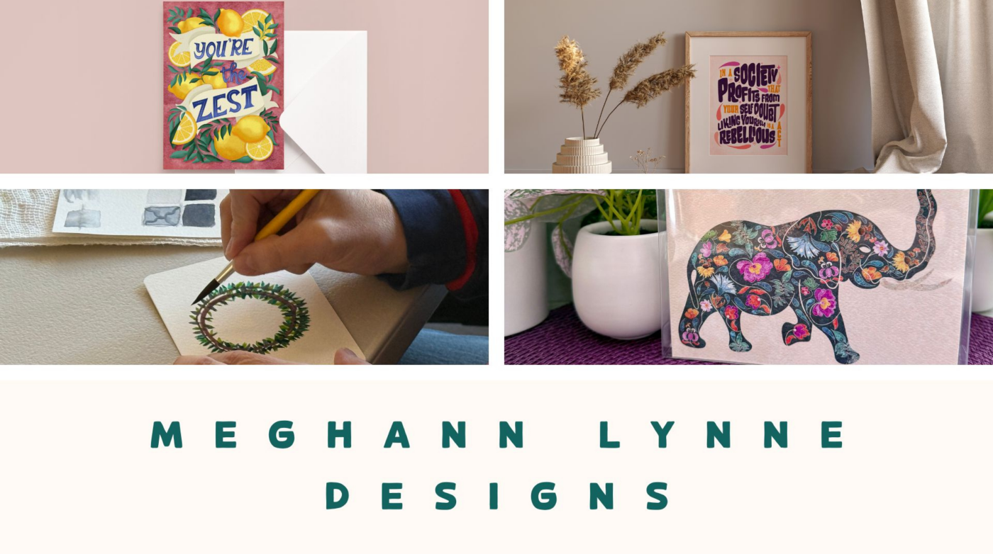 A vibrant collage of local art: a zesty lemon card, pampas grass text frame, wreath in progress, and floral elephant canvas—Essex County creativity bursts from Meghann Lynne Designs!.
