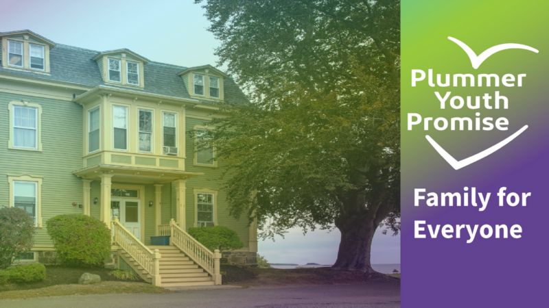 A vibrant light green house with a welcoming porch sits beside a lush tree; text celebrates Essex County’s Plummer Youth Promise: “Family for Everyone” on a radiant gradient.