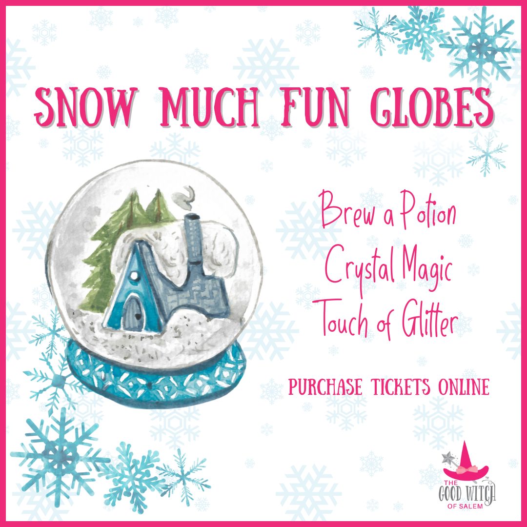 A vibrant painted snow globe with a blue house and green tree sparkles amid blue snowflakes, inviting all to Essex County’s creative, community Snow Much Fun Globes event—details in pink on the right.