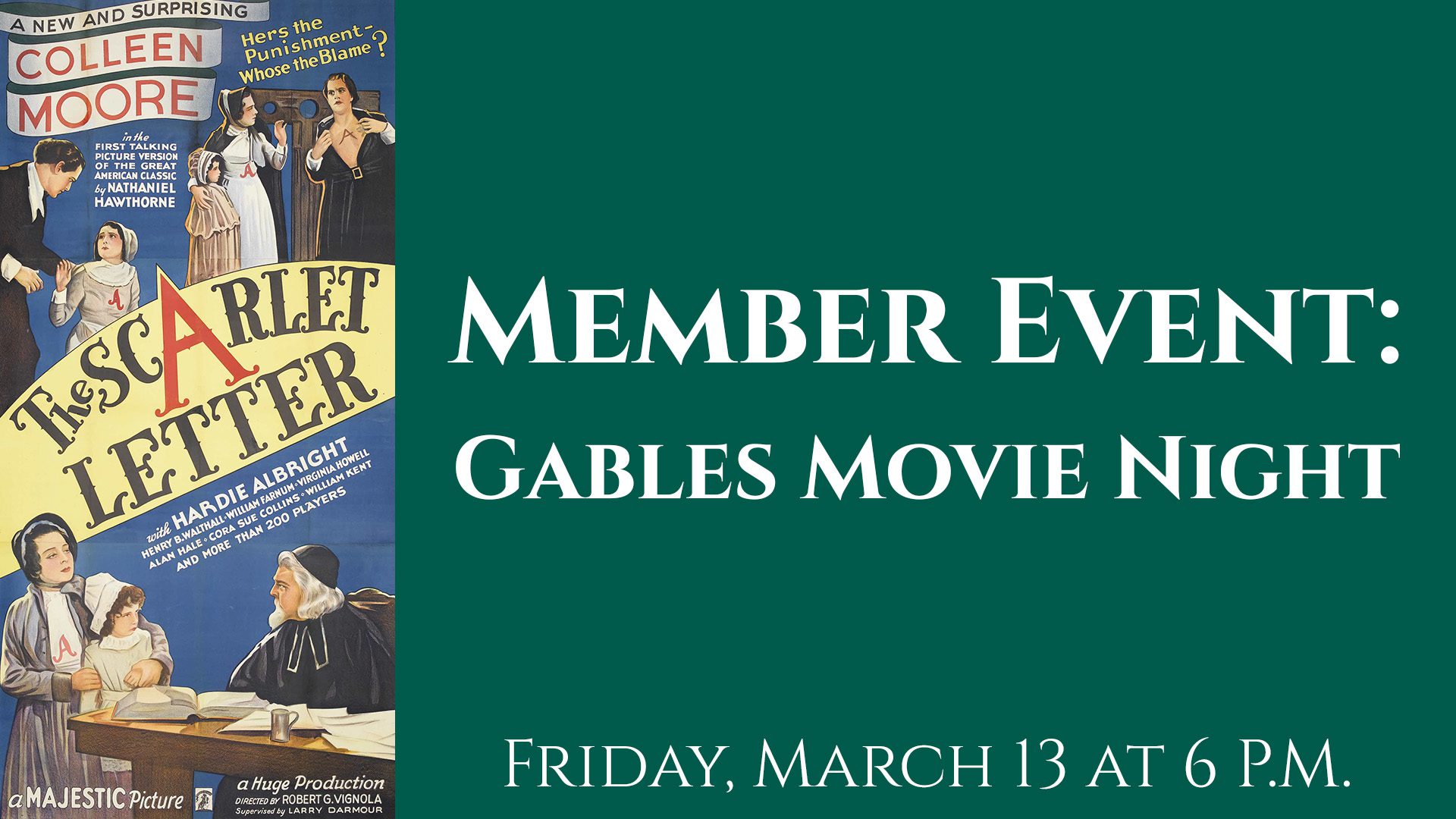 Vibrant "The Scarlet Letter" poster beside bold green text: "Gables Movie Night. Join Essex County's creative community March 13, 6 P.M.