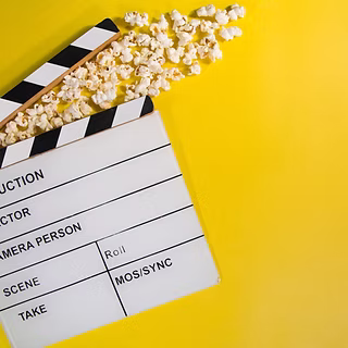 A lively film clapperboard and popcorn burst on a vibrant yellow backdrop, sparking creative movie moments in Essex County.