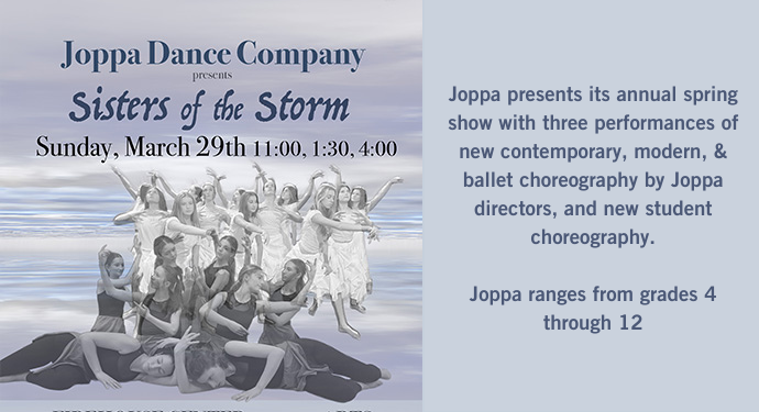 Energetic young dancers from our community shine on stage before an ocean sky, celebrating Joppa Dance’s "Sisters of the Storm" with Essex County talent.