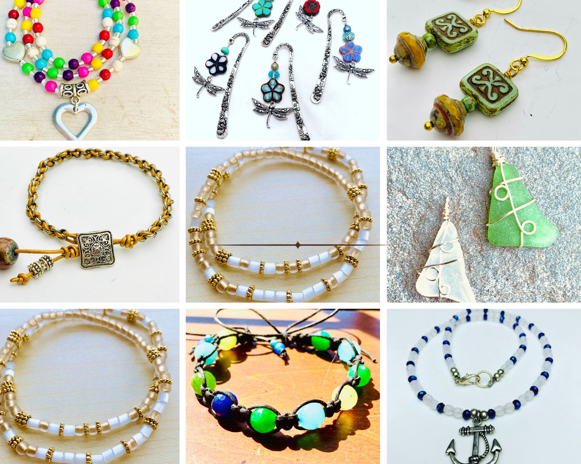A lively collage of nine photos showcases Essex County artisans' unique handmade jewelry—vivid beaded bracelets, earrings, and wire pendants.