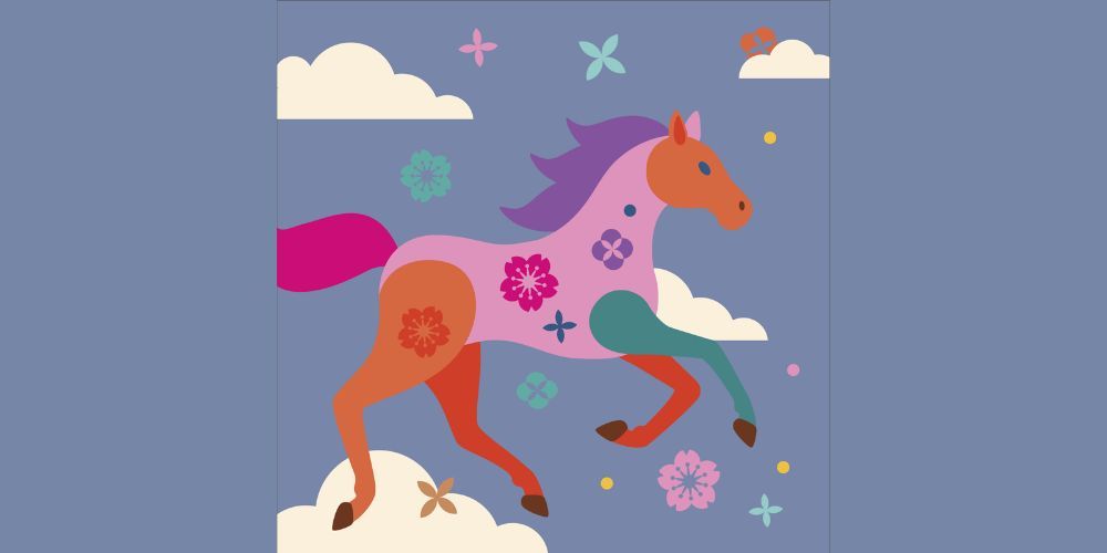 A vibrant horse bursts with flowers and lively patterns, racing through clouds and blossoms—celebrating creativity in Essex County.