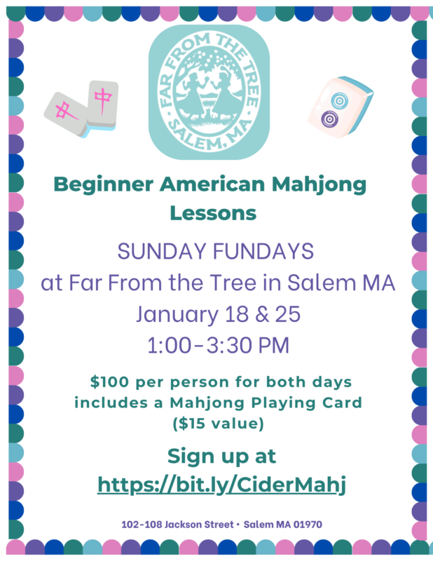 Vibrant flyer invites Essex County neighbors to connect at Beginner Mahjong Lessons, Jan 18 & 25 in Salem. Colorful tiles burst with local energy.
