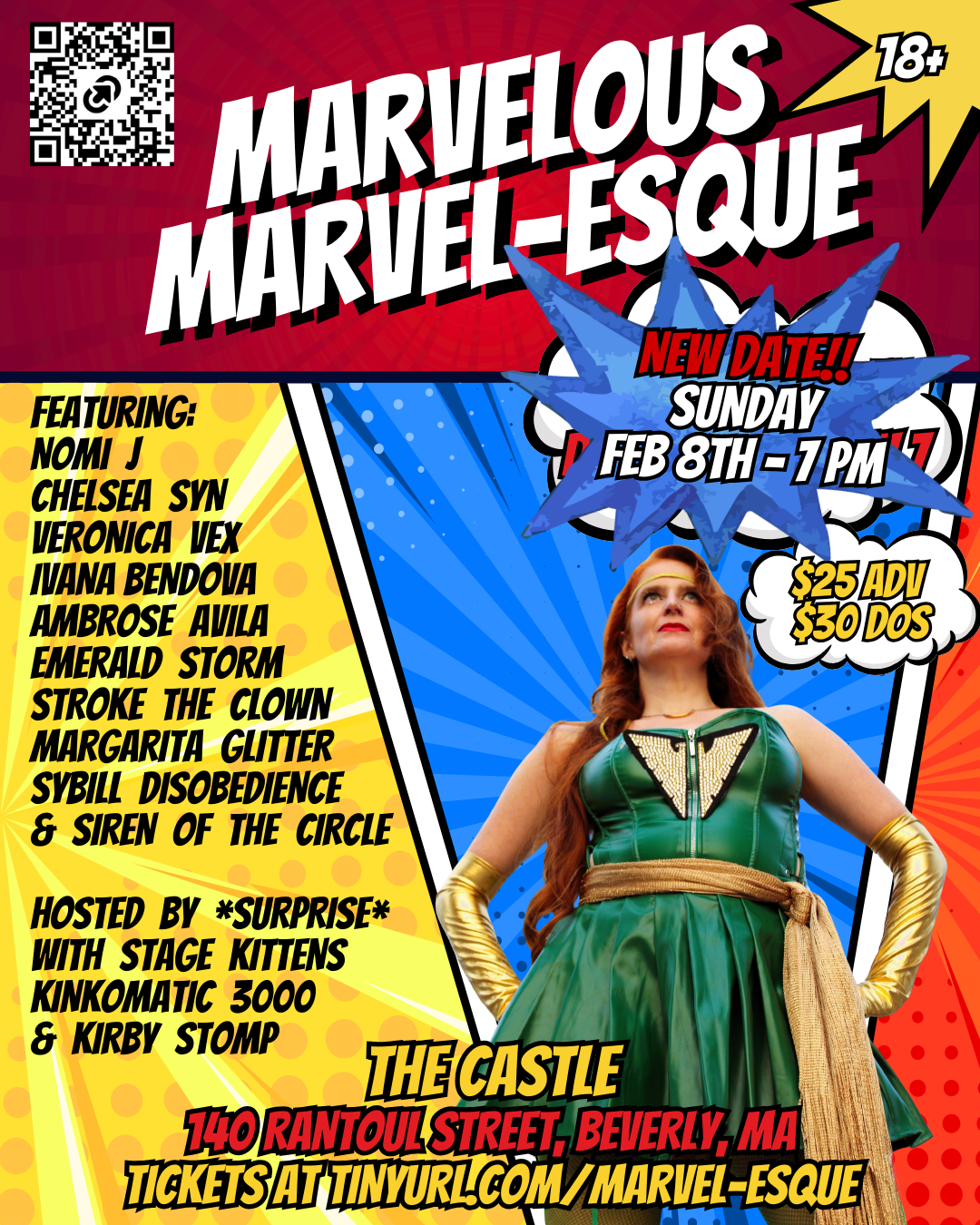 A dynamic superhero woman radiates confidence in a gold and green costume amid vibrant event info, uniting Essex County’s creative spirit.