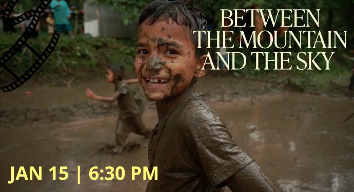 A joyful child, playfully covered in mud, grins amid a lively outdoor scene. "BETWEEN THE MOUNTAIN AND THE SKY." Jan 15, 6:30 PM—celebrating creativity and unity in Essex County.