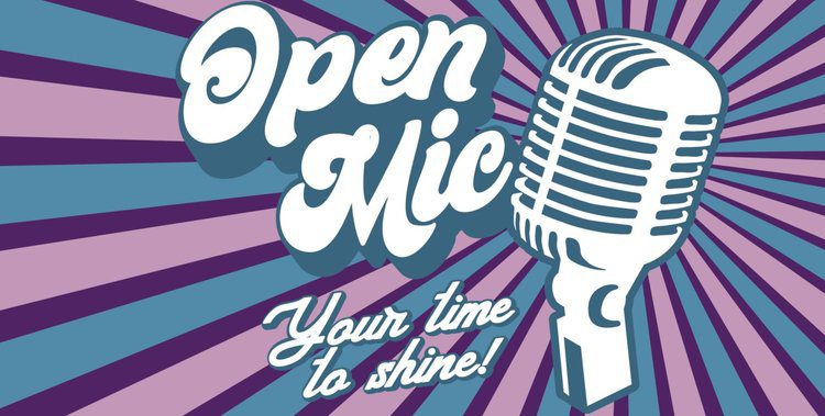 Vibrant illustration of a vintage mic with “Open Mic” and “Your time to shine!”—bold letters pop on radiant stripes, inviting Essex County’s creative community.