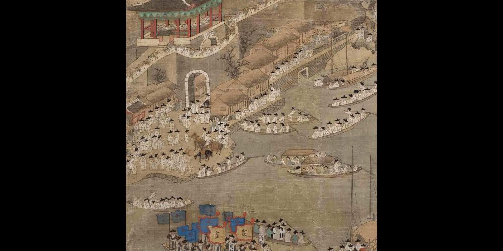 A lively riverside painting where people in white robes and black hats gather by curved-roof buildings, celebrating community spirit.
