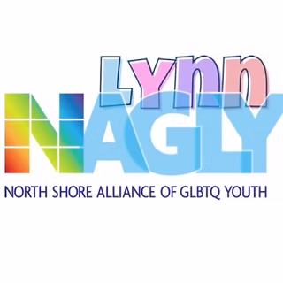 Vibrant Lynn NAGLY logo with bold blue "NAGLY," pastel "Lynn" above, rainbow "N," and text: North Shore Alliance of GLBTQ Youth—celebrating Essex County pride and unity.