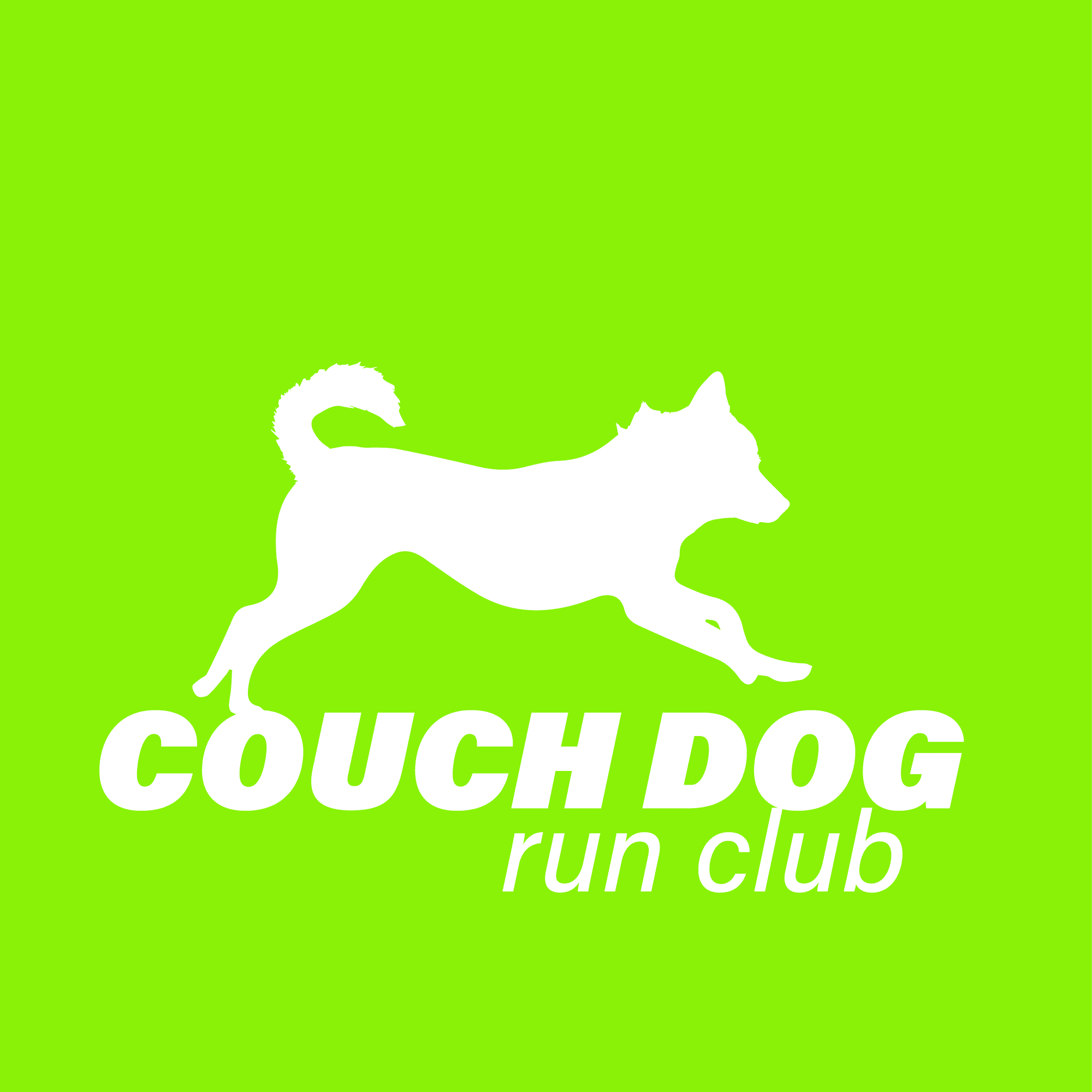 A lively white dog silhouette dashes above "COUCH DOG" and "run club" on a vibrant green, inviting all of Essex County to connect and create together.