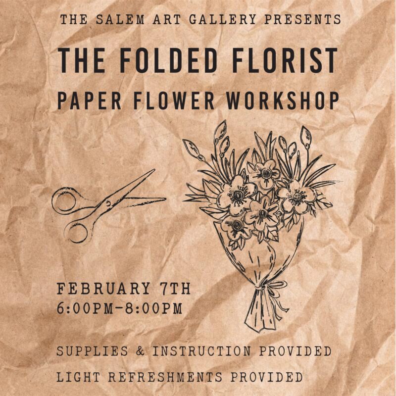 Vibrant Salem Art Gallery flyer invites Essex County to a creative paper flower workshop, with lively bouquet art and event info.