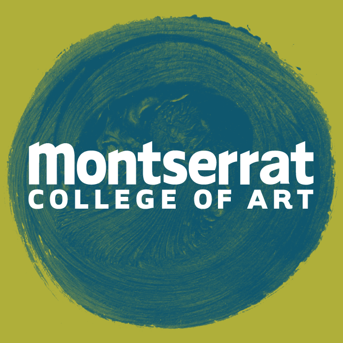 Bold white "Montserrat College of Art Senior Show" pops on green with a dynamic blue brushstroke, celebrating Essex County creativity.