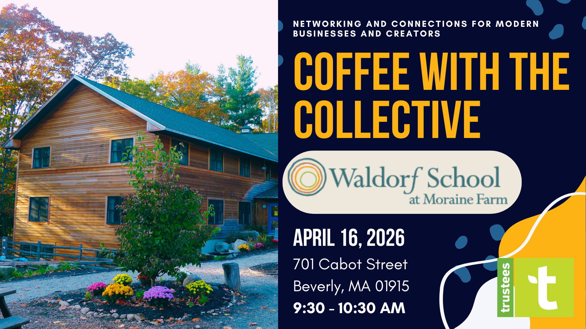 Vibrant event flyer for “Coffee with the Collective” at Waldorf School at Moraine Farm, gathering Essex County’s creative community among colorful fall trees and a rustic wooden building, April 16, 2026, North Shore MA.