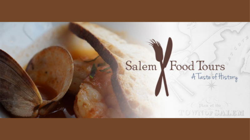 Vibrant clams, shrimp, and toasted bread celebrate Essex County flavors beside “Salem Food Tours” text over a lively local map.