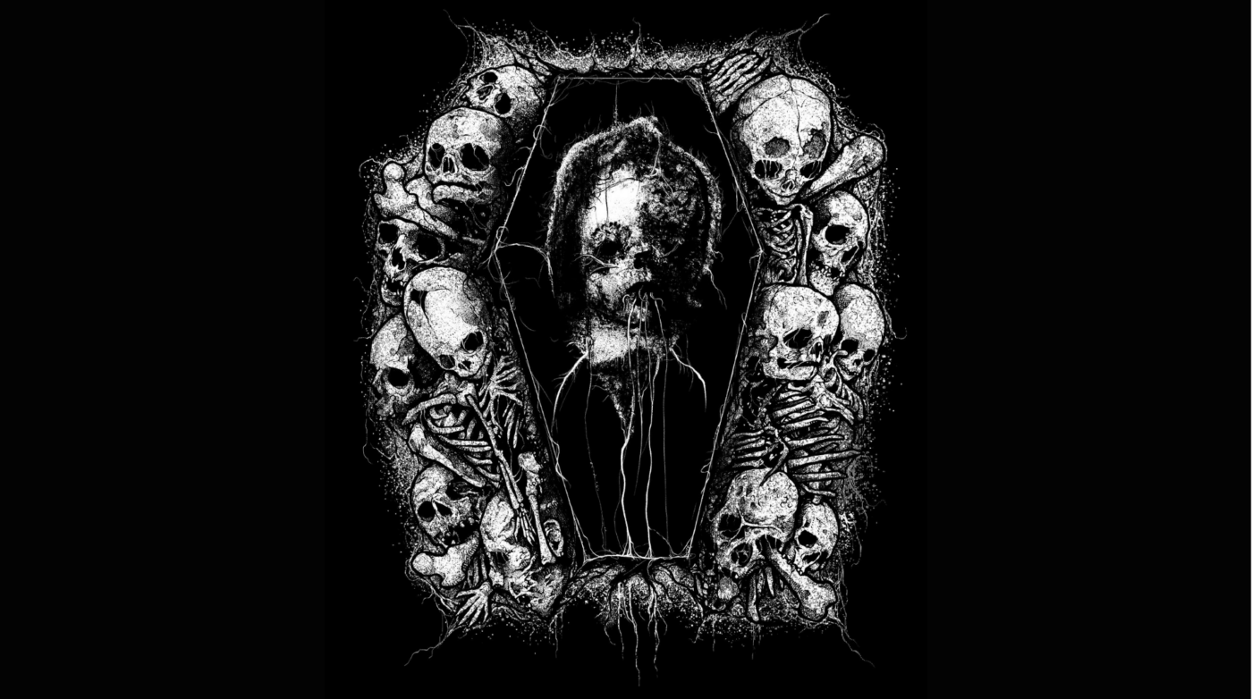 Dynamic black and white head in a coffin frame, ringed by vibrant skulls and bones—fueling creativity in lively Essex County, MA.