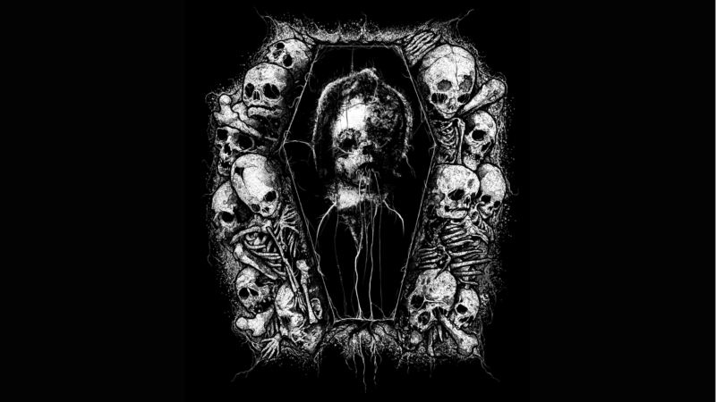 Dynamic black and white head in a coffin frame, ringed by vibrant skulls and bones—fueling creativity in lively Essex County, MA.