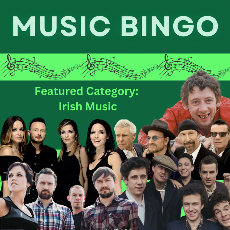 A vibrant green "Music Bingo" poster bursts with Irish music flair, uniting local musicians and bands for a lively Salem, MA event.