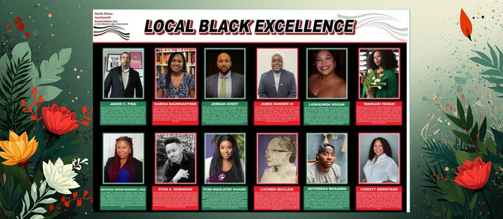 A vibrant poster, "Local Black Excellence," spotlights twelve inspiring Essex County changemakers, their faces and stories shining in unity.
