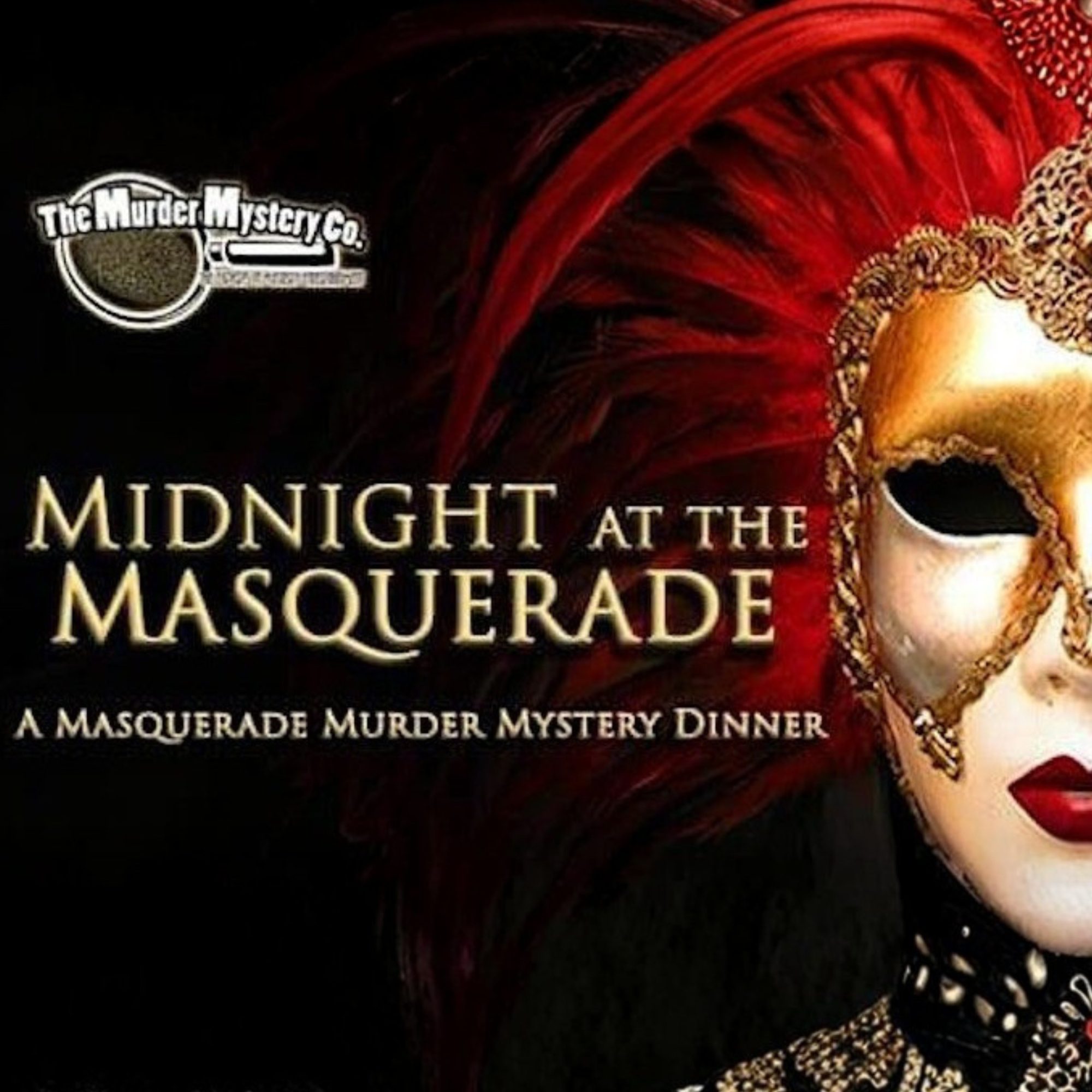 Vibrant promo for "Midnight at the Masquerade" in Essex County: a close-up on a dazzling red and gold mask sparks community intrigue.