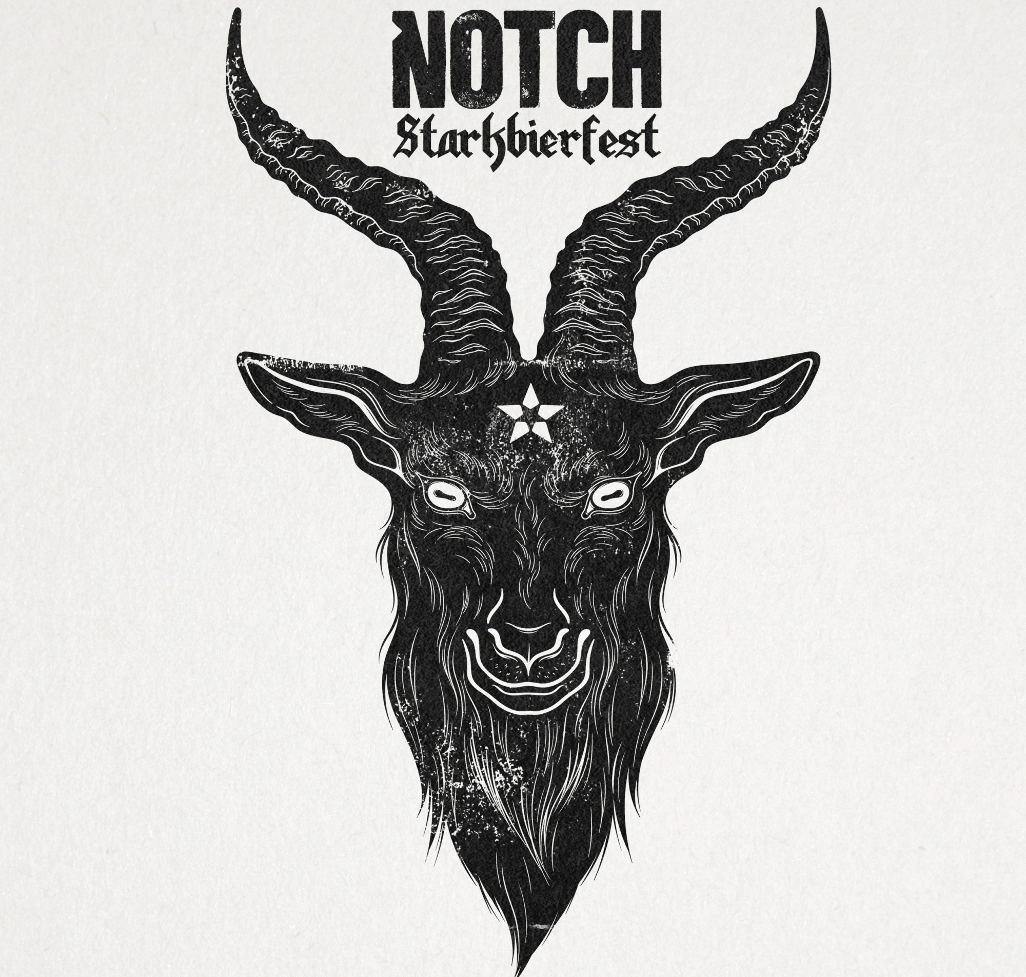 Dynamic black and white goat head with bold, glowing eyes, framed by “NOTCH Starkbierfest”—a lively Essex County community celebration.