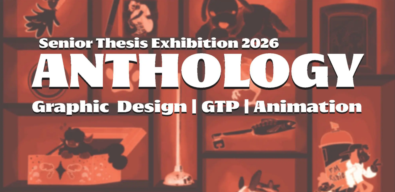 A bold red poster bursts with "Senior Thesis Exhibition 2026 ANTHOLOGY," spotlighting Essex County’s creative community in vibrant graphics.