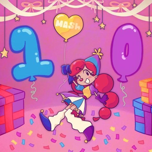 A lively cartoon character in vibrant attire lifts a “MASH” heart balloon amid 1 and 0 balloons, confetti, and gifts—celebrating creative Essex County spirit.