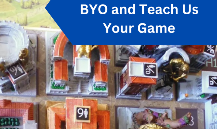 Lively tabletop board game scene with creative mini buildings and figures. Blue banner invites Essex County to share and connect.