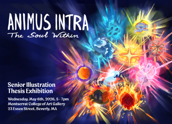 A digital poster for "Animus Intra: The Soul Within" Senior Thesis Show, featuring abstract, colorful energy shapes radiating from a central point. Illustration event details are listed in white text at the bottom left.