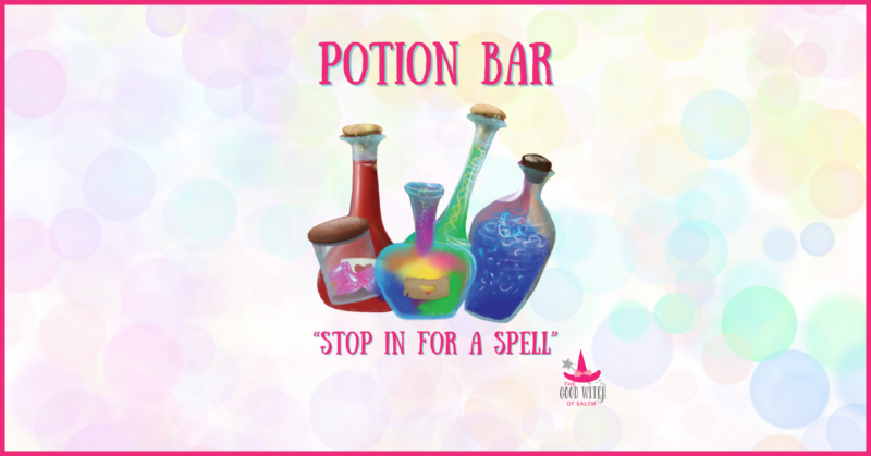 Four colorful glass bottles with corks are displayed in the center under the text "Potion Bar." Below the bottles, it says "Stop in for a spell!" with a small logo of a pink witch hat and "Eco Witch of Salem.