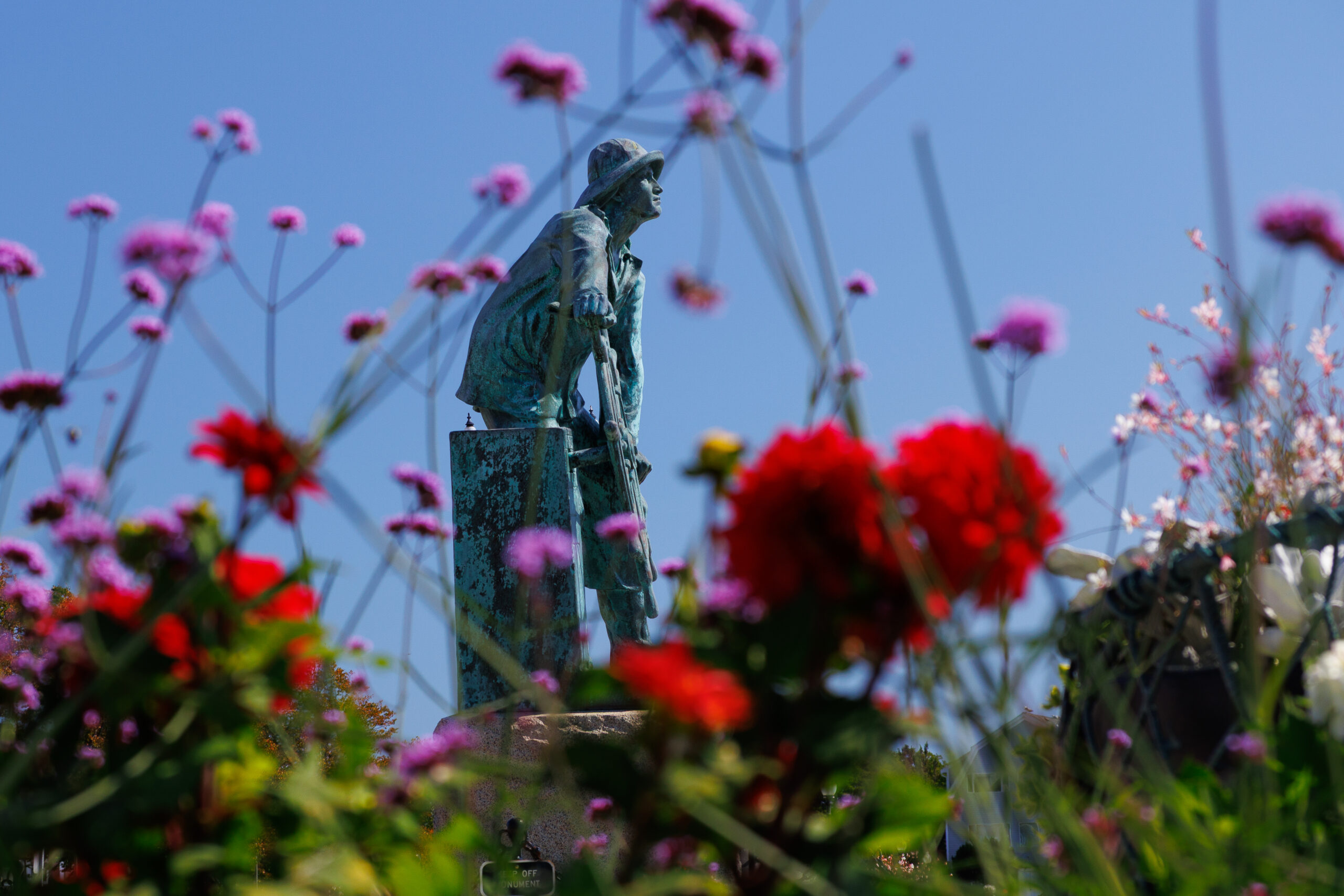 The bronze Gloucester Fisherman's Memorial statue rises above a lush foreground of red and pink wildflowers in full bloom under a bright blue sky, with fishing boat rigging visible softly out of focus in the background.