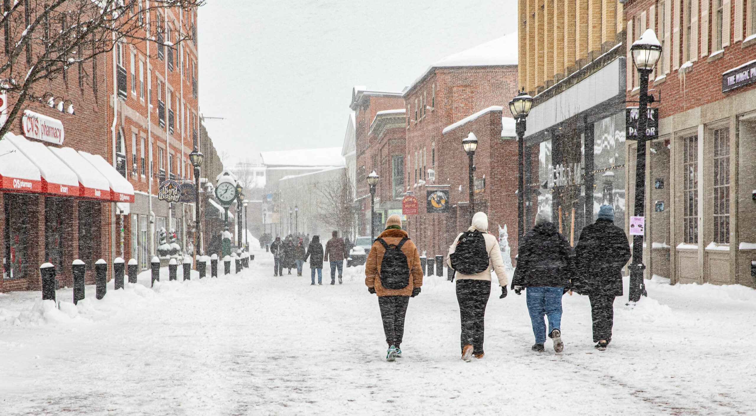 Snowy Essex Street pedestrian mall in downtown Salem MA during Salem's So Sweet festival