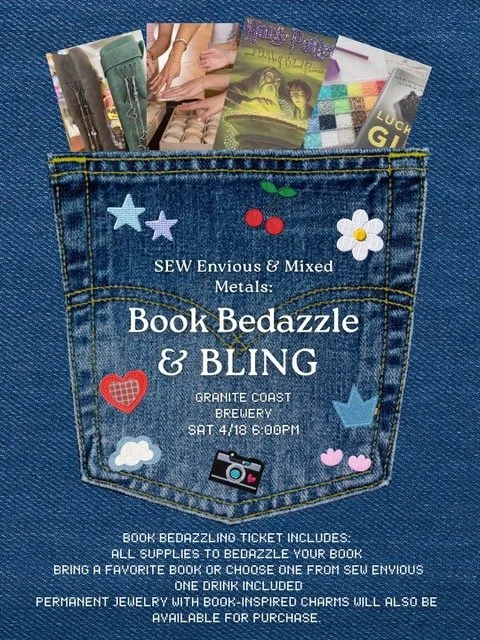 Colorful "Book Bedazzle & Bling" flyer features a patch-adorned denim pocket with books, inviting Essex County to connect and create.