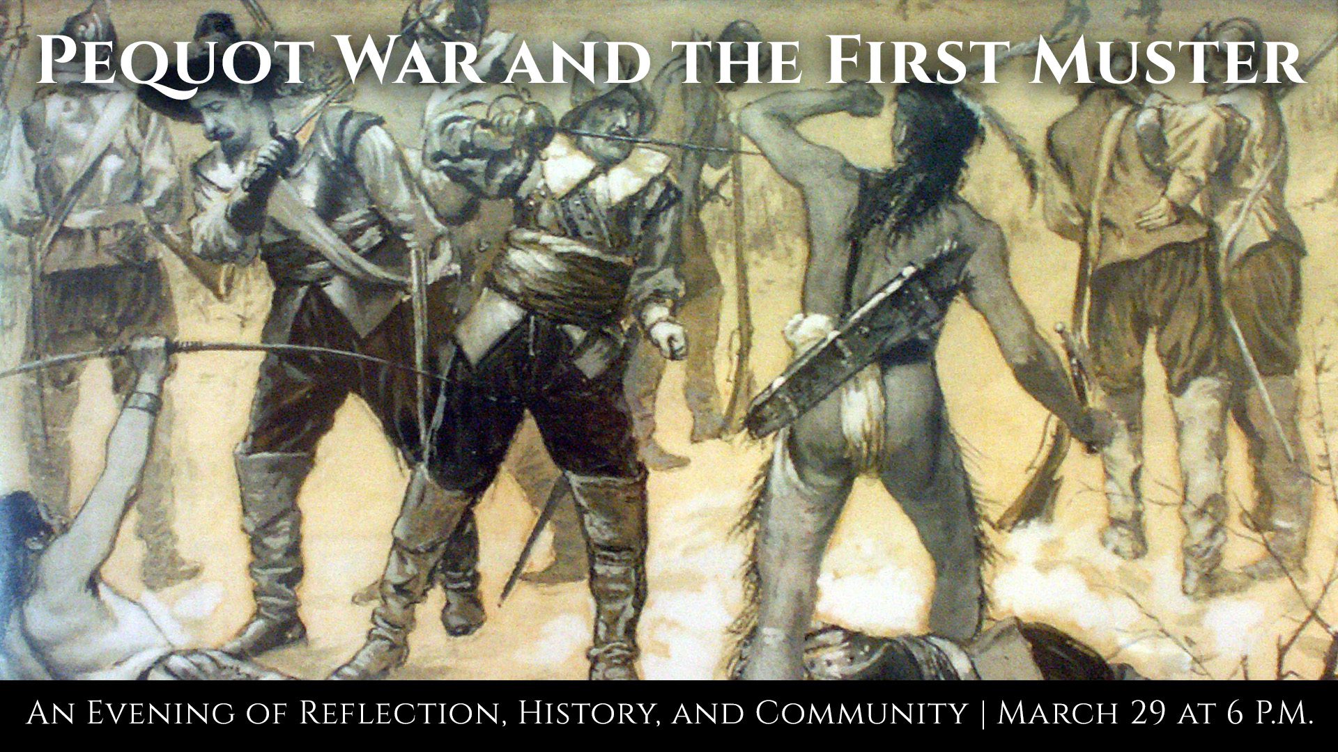 Lively illustration of settlers and Indigenous people during the Pequot War, promoting Essex County’s history and community reflection event.