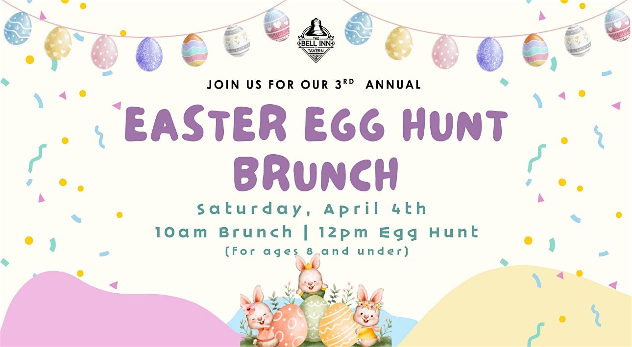 A lively digital flyer invites Essex County families to a creative 3rd Annual Easter Brunch & Egg Hunt with pastel eggs, playful bunnies, and festive details.