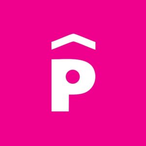 A white, stylized letter "P" with a circular cutout, topped by a small white chevron, centered on a bright pink background—perfect for promoting Essex County Arts Opportunities and Open Arts Calls.