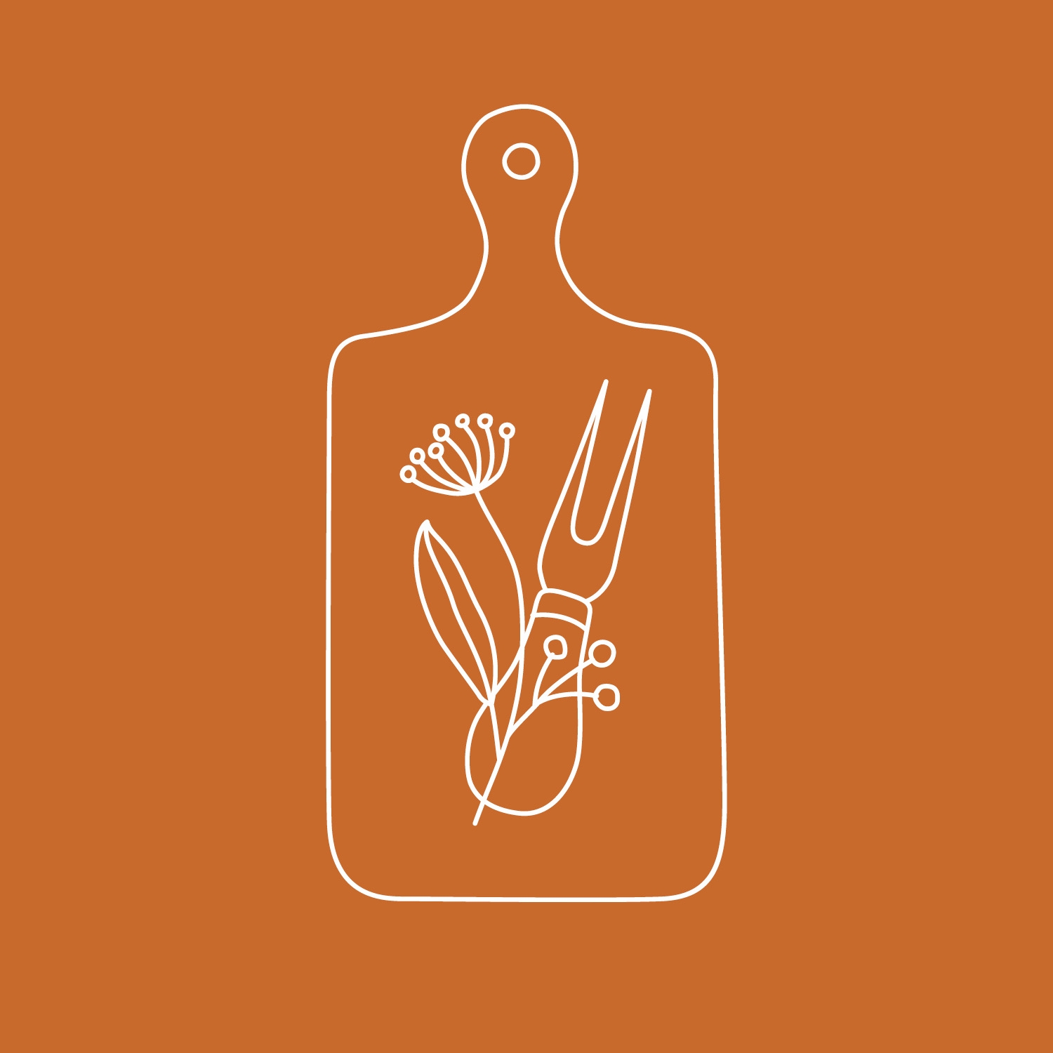 A lively white line sketch of a cutting board, meat fork, and fresh botanicals pops on orange, celebrating Essex County's creative food community.