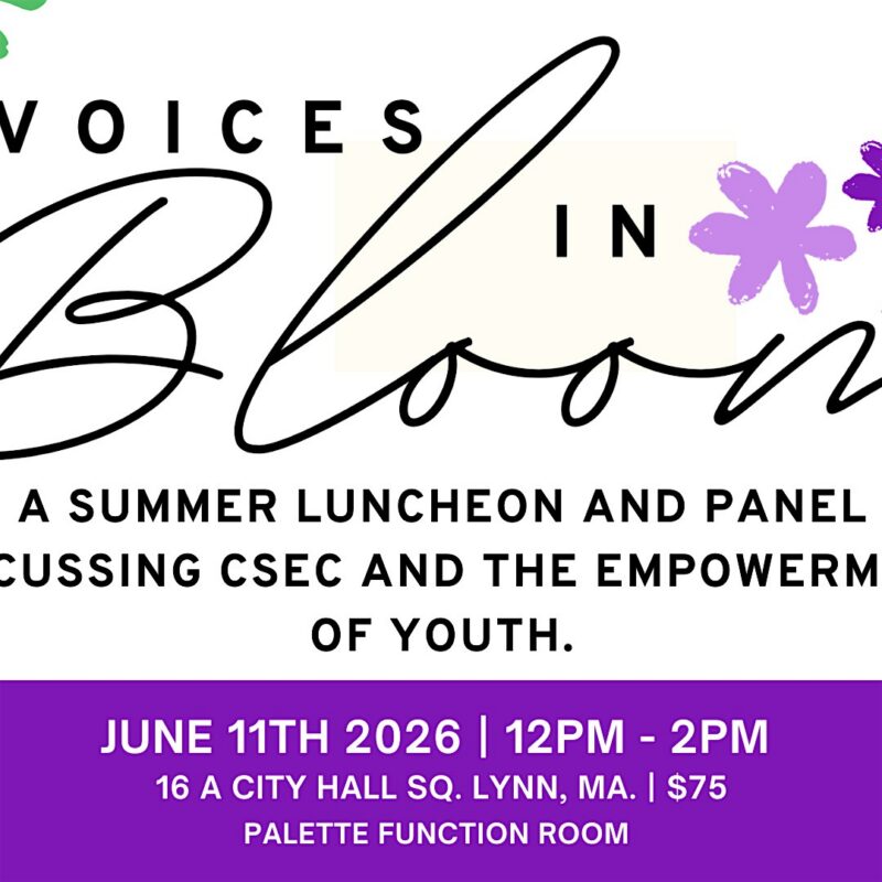 Bright flyer: "Voices in Bloom" summer luncheon & youth empowerment panel, June 11, Lynn, MA. Purple florals shine, uniting Essex County.